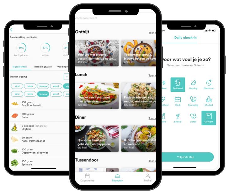 Schermen van de coaching app: recepten, voedingswaarden en dagelijkse check-in